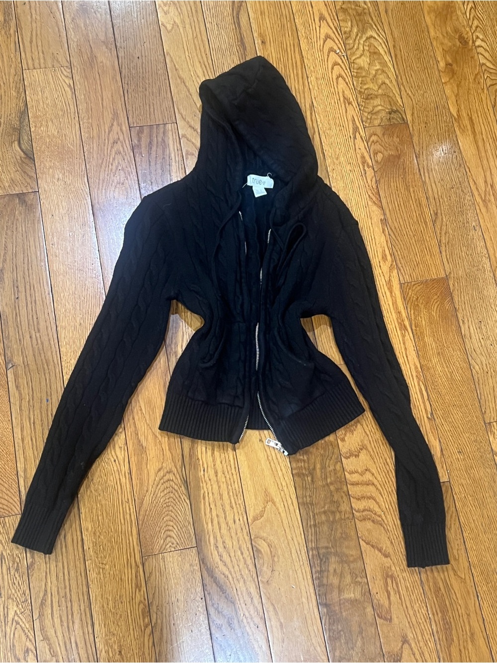 Cable-Knit Black Hooded Zip Cardigan - Women
